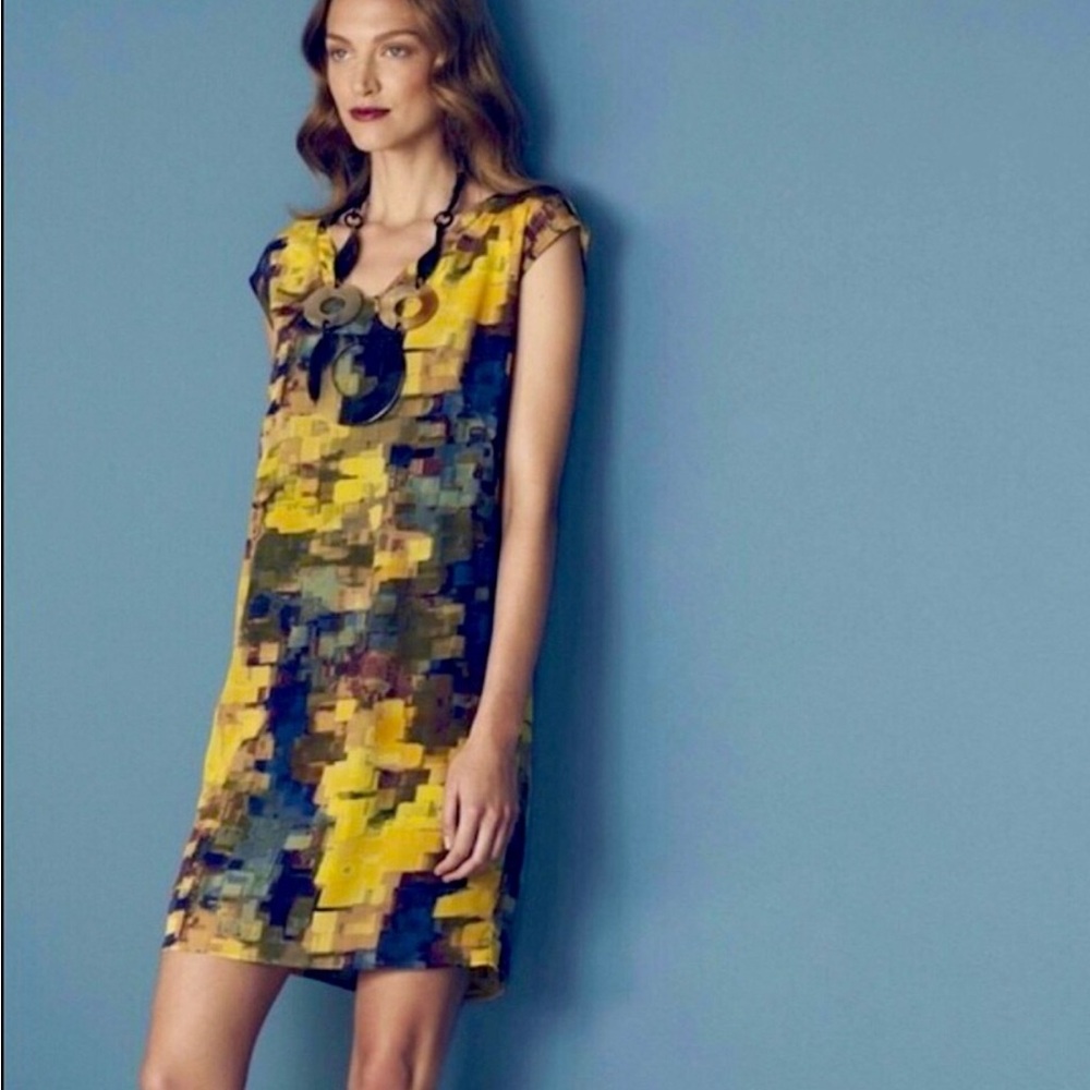 Anthropologie Maeve Mosaic Yellow and Blue Mini Dress